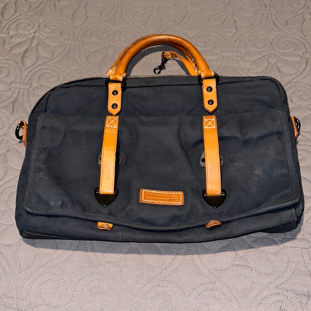 Ben Minkoff Navy Blue Waxed Canvas & Vachetta Leather Trim Laptop Bag EUC
